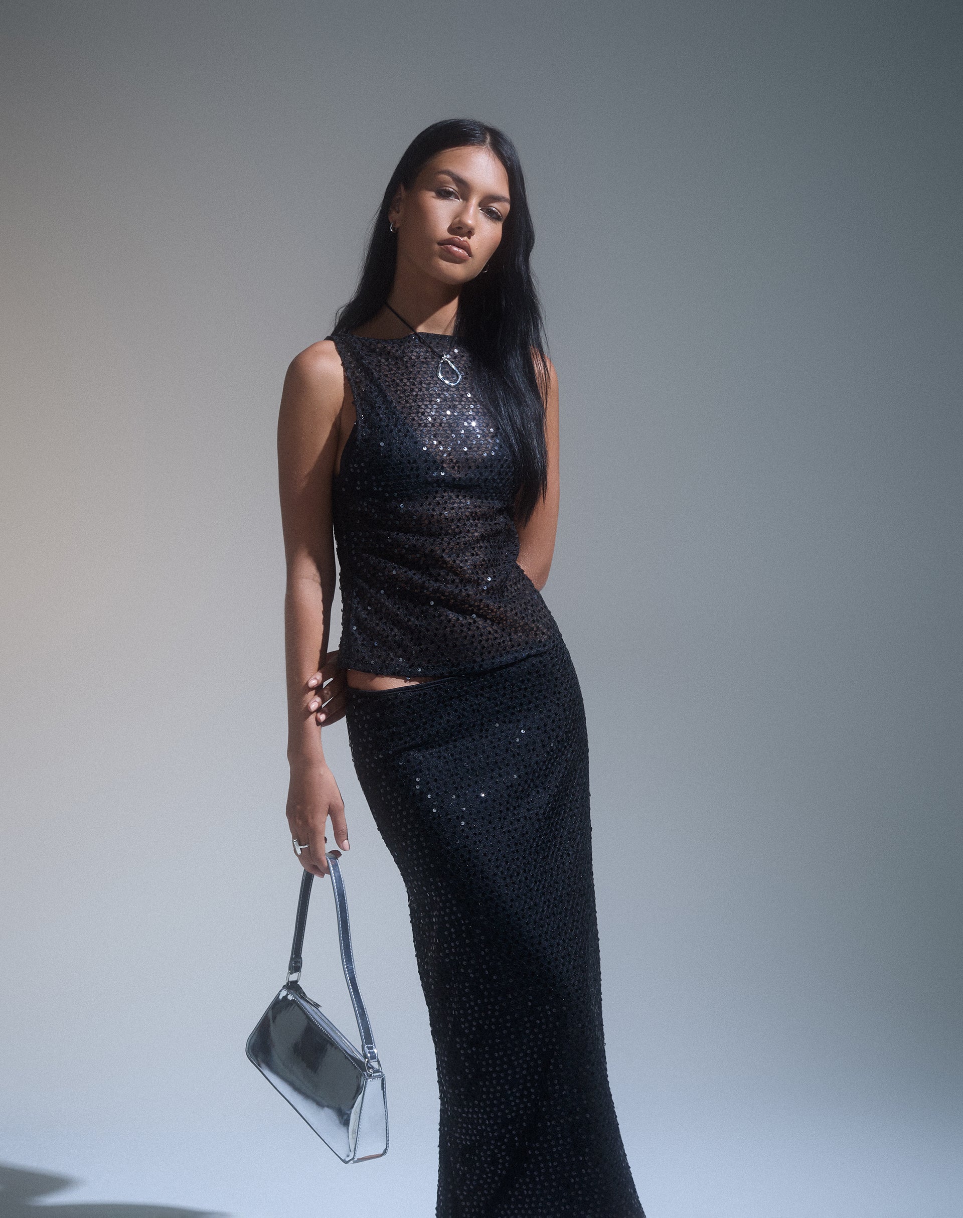 Dudley Vest Top in Sequin Knit Black - Image 2