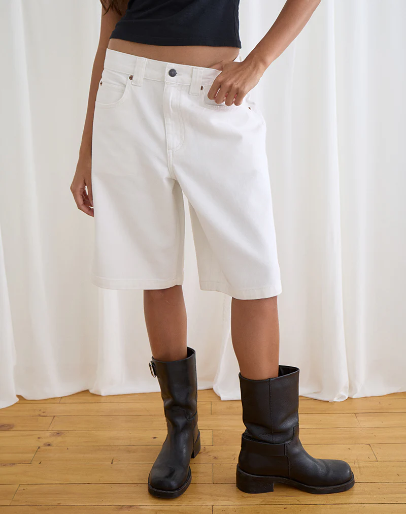 Low Rise Denim Skater Short in True White - Image 2